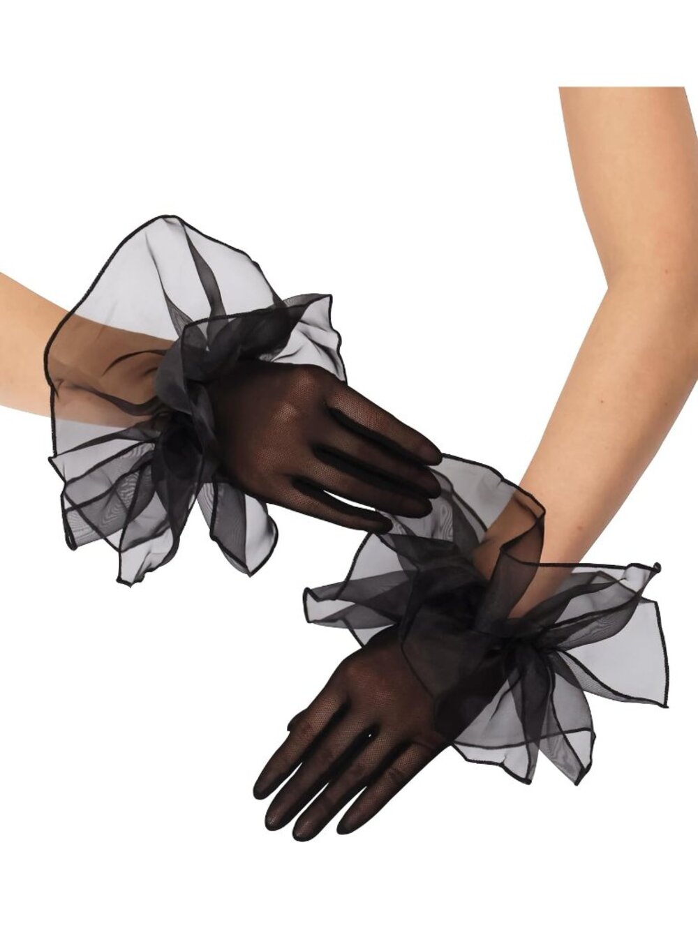 Women's Black 1920s Flapper Stretchy Ruffles Sheer Opera Party Short Mesh Gloves